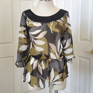 Vintage CAPACITY Sheer Blouse Peplum Black Chartreuse Green Floral Sat